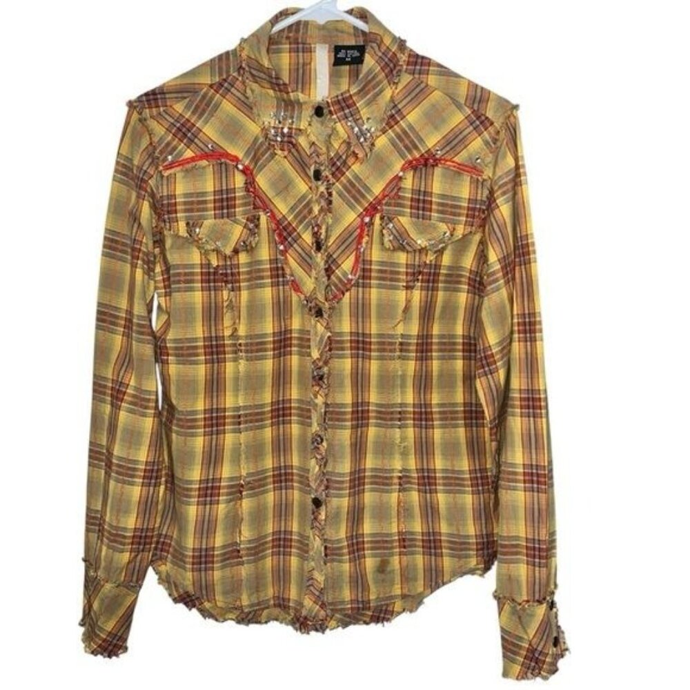 Western Cowgirl Womens Long Sleeve Plaid Shirt Size M Yellow/Red Embellished